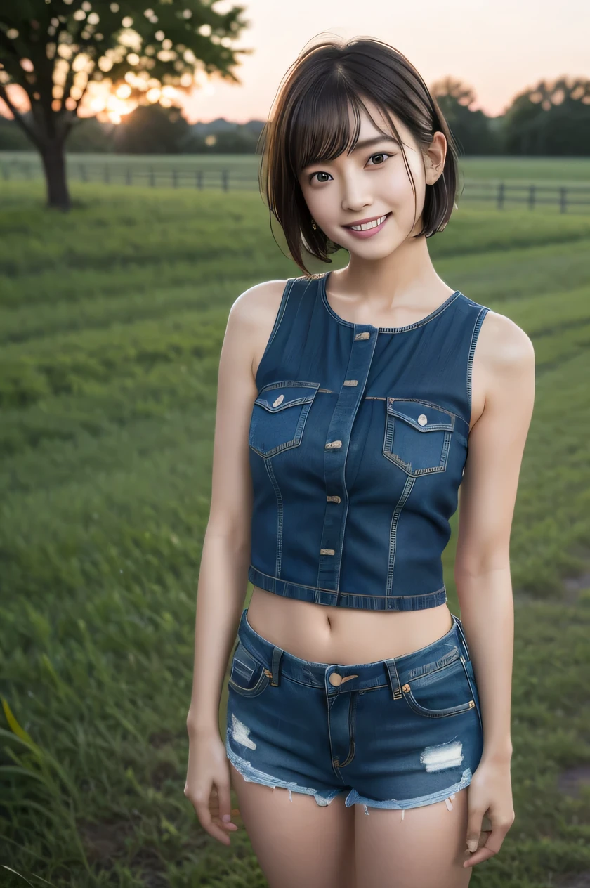 The beauty of 8K raw photos:2.0, Japanese woman, short hair, beautiful face and dark eyes, looking down, looking at the viewer:1.5, big smile, wet hair, tiny top, (denim shorts:1.2), shinny skin, open wide legs, realistic:1.9, very detailed, full body shot:1.2, High resolution RAW color photos, professional photos, Taken at the farm at dawn, girl sexy portrait