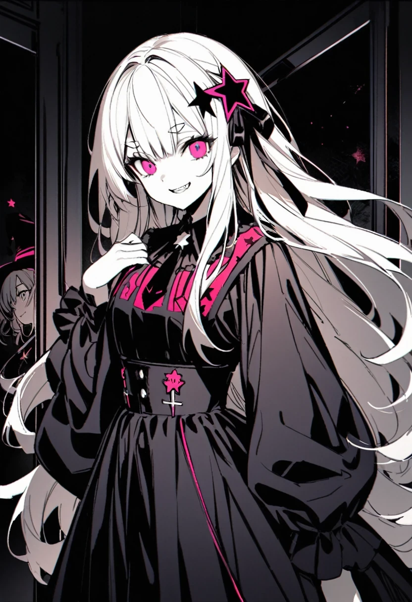 Young Girls、Humanity、The magician who always smiles、big witch hat 、Lovely、Long hair、dull eyes、Bangs are very heavy、thin eyebrows、fantasy、Admission、Double teeth、star pattern、Constellation pattern monochrome clothing exterior decoration、A bit dark atmosphere、a little crazy smile、Night outside,when the big moon shines、Backflow of blood、black star hair accessories、Short tie、no nails、High waist skirt、Bell sleeves、Long-sleeved shirt、Black Tie、and white effect、Shocking pink as an accent color