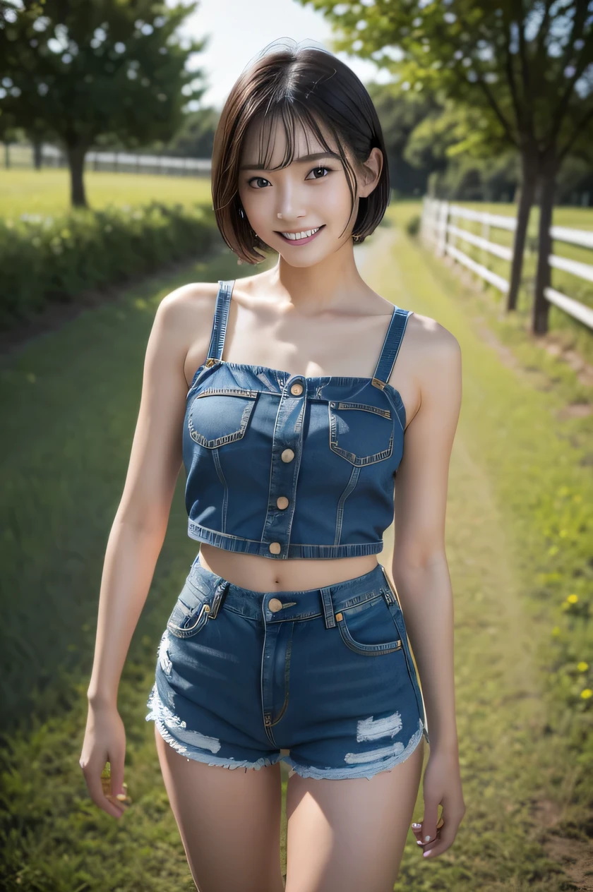 The beauty of 8K raw photos:2.0, Japanese woman, short hair, beautiful face and dark eyes, looking down, looking at the viewer:1.5, big smile, wet hair, tiny top, (denim shorts:1.2), shinny skin, open wide legs, realistic:1.9, very detailed, full body shot:1.2, High resolution RAW color photos, professional photos, Taken at the farm at dawn, girl sexy portrait