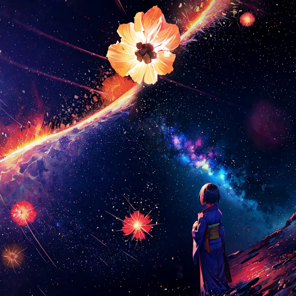 1girl, distant girl wearing a kimono staring at the stars, (zoomed out:1.1), (meteor shower:1.2), (comet:1.1), your name, low angle, from behind, aroura borealis, shooting star, yukata, red kimono, cherry blossoms, standing in a field,best quality, masterpiece, cloud,colorful, starry,stars,