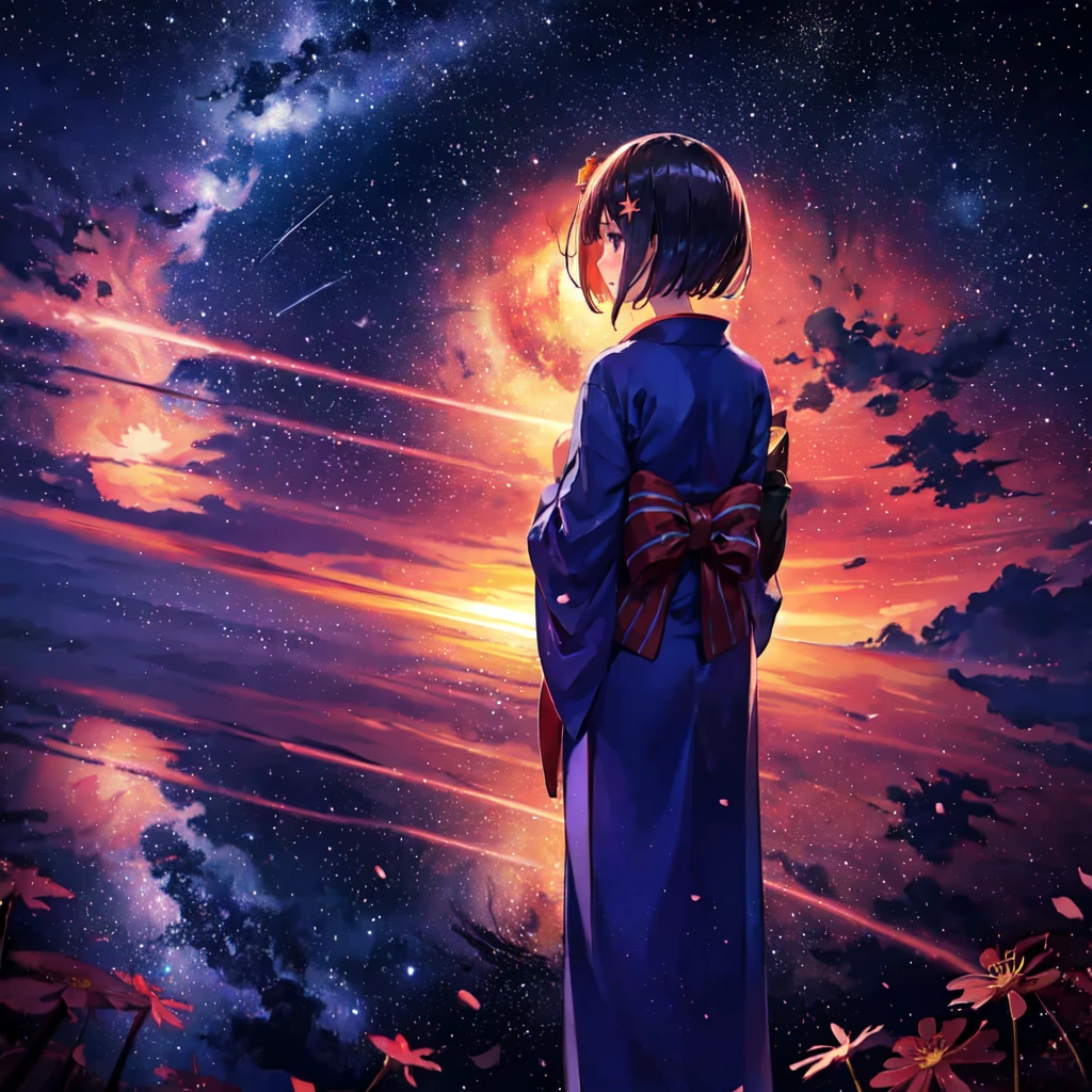 1girl, distant girl wearing a kimono staring at the stars, (zoomed out:1.1), (meteor shower:1.2), (comet:1.1), your name, low angle, from behind, aroura borealis, shooting star, yukata, red kimono, cherry blossoms, standing in a field,best quality, masterpiece, cloud,colorful, starry,stars,