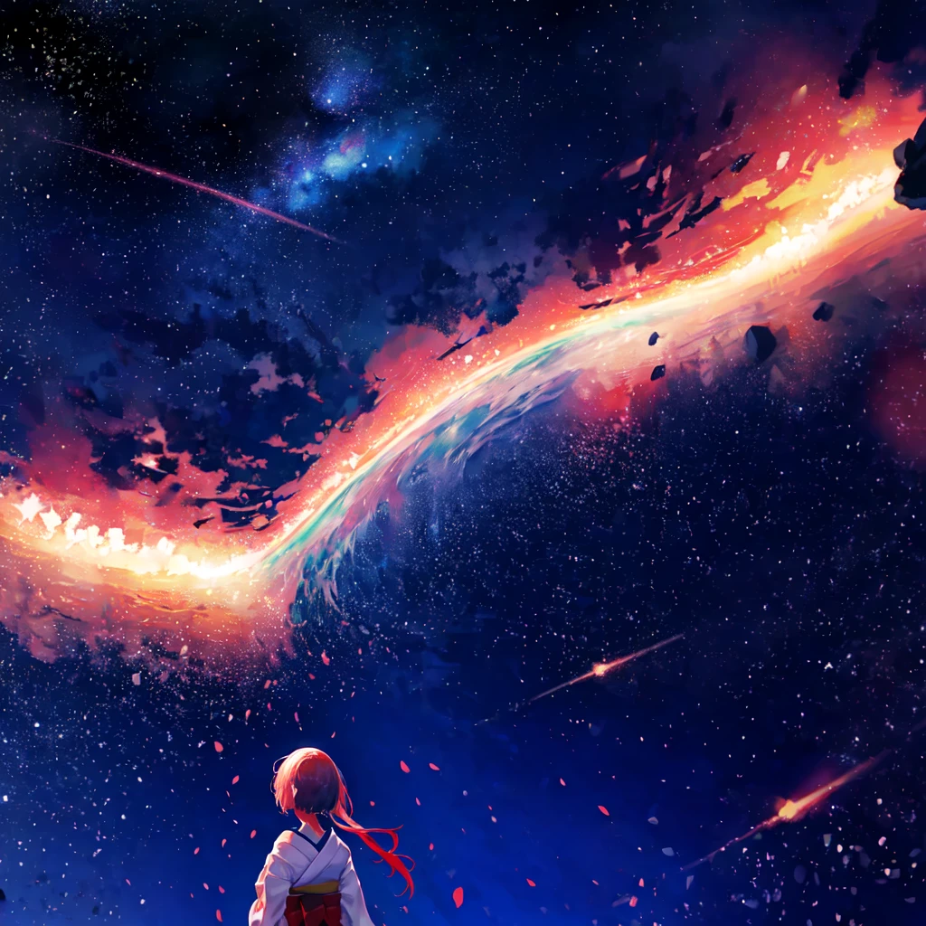 1girl, distant girl wearing a kimono staring at the stars, (zoomed out:1.1), (meteor shower:1.2), (comet:1.1), your name, low angle, from behind, aroura borealis, shooting star, yukata, red kimono, cherry blossoms, standing in a field,best quality, masterpiece, cloud,colorful, starry,stars,