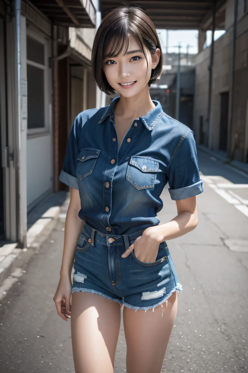 The beauty of 8K raw photos:2.0, Japanese woman, short hair, beautiful face and dark eyes, looking down, looking at the viewer:1.5, big smile, wet hair, tiny top, (denim shorts:1.2), shinny skin, open wide legs, realistic:1.9, very detailed, full body shot:1.2, High resolution RAW color photos, professional photos, Taken at the industrial factory, girl sexy portrait