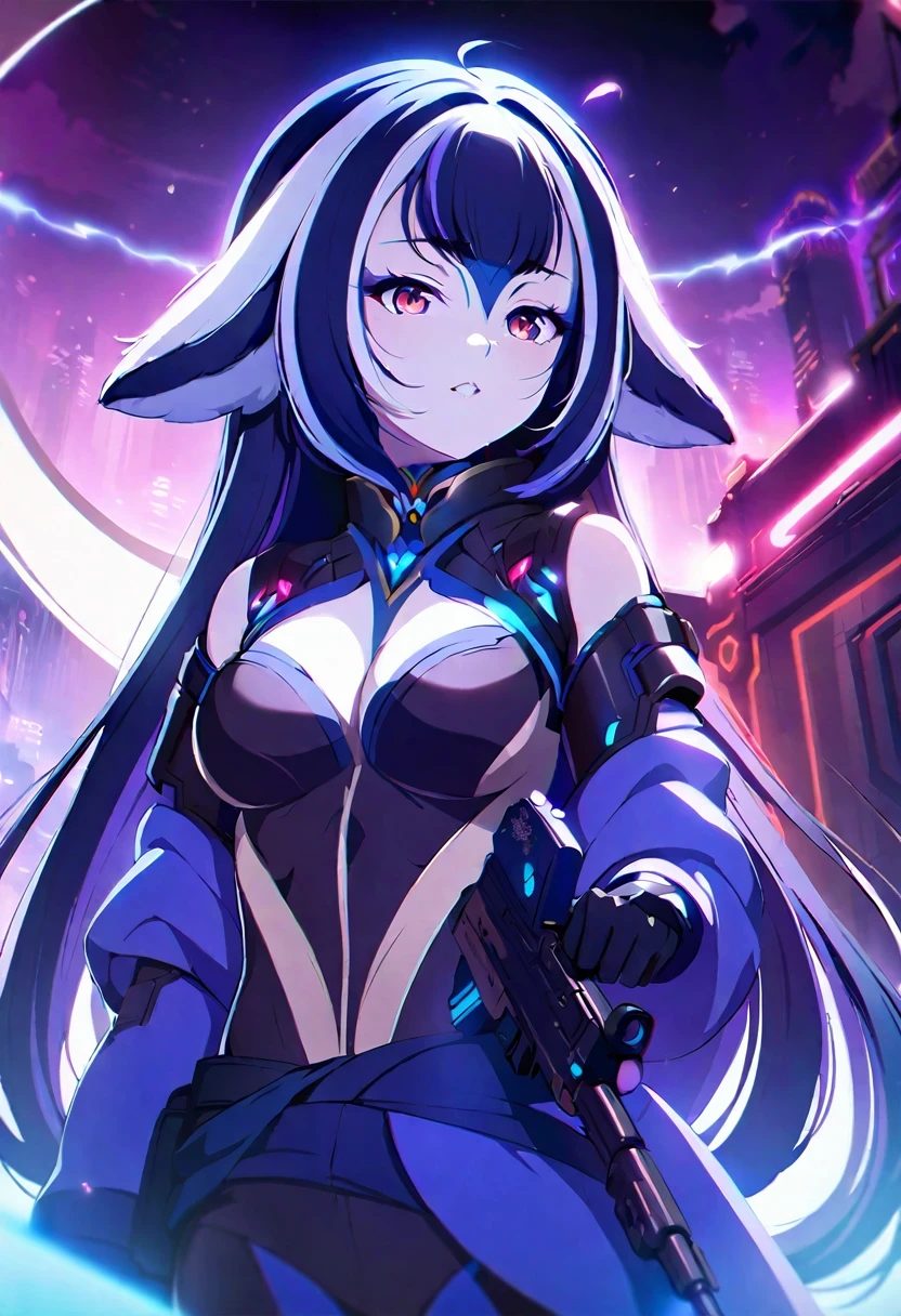 (shylily/(Twich/):1.5),(masterpiece:1.2),(best quality:1.2)、Black clothing、Anime girl with a gun, best anime 4k konachan wallpaper, from the night of the ark, Cool Anime 8K, Cyberpunk anime girl, Anime Cyberpunk Art, With glowing red eyes, Anime style 4K,