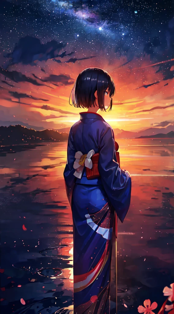 1girl, distant girl wearing a kimono staring at the stars, (zoomed out:1.1), (meteor shower:1.2), (comet:1.1), your name, low angle, from behind, aroura borealis, shooting star, yukata, red kimono, cherry blossoms, standing in a field,best quality, masterpiece, cloud,colorful, starry,stars,