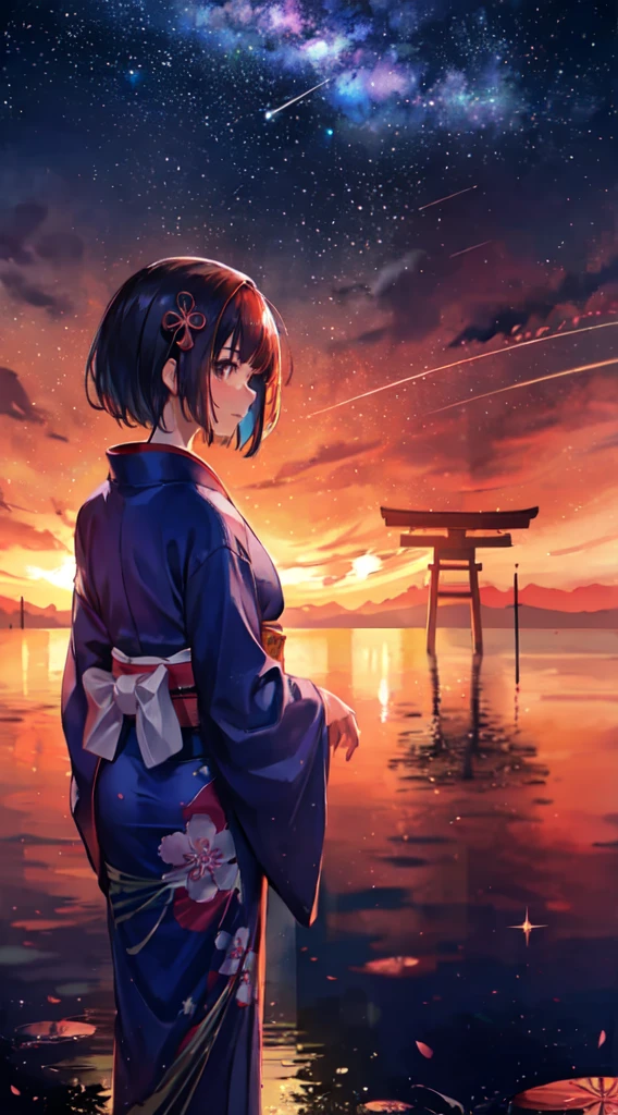 1girl, distant girl wearing a kimono staring at the stars, (zoomed out:1.1), (meteor shower:1.2), (comet:1.1), your name, low angle, from behind, aroura borealis, shooting star, yukata, red kimono, cherry blossoms, standing in a field,best quality, masterpiece,  cloud,colorful, starry,stars,