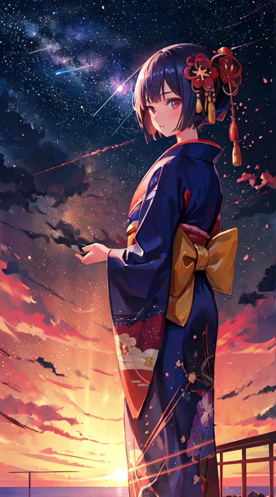 1girl, distant girl wearing a kimono staring at the stars, (zoomed out:1.1), (meteor shower:1.2), (comet:1.1), your name, low angle, from behind, aroura borealis, shooting star, yukata, red kimono, cherry blossoms, standing in a field,best quality, masterpiece, cloud,colorful, starry,stars,