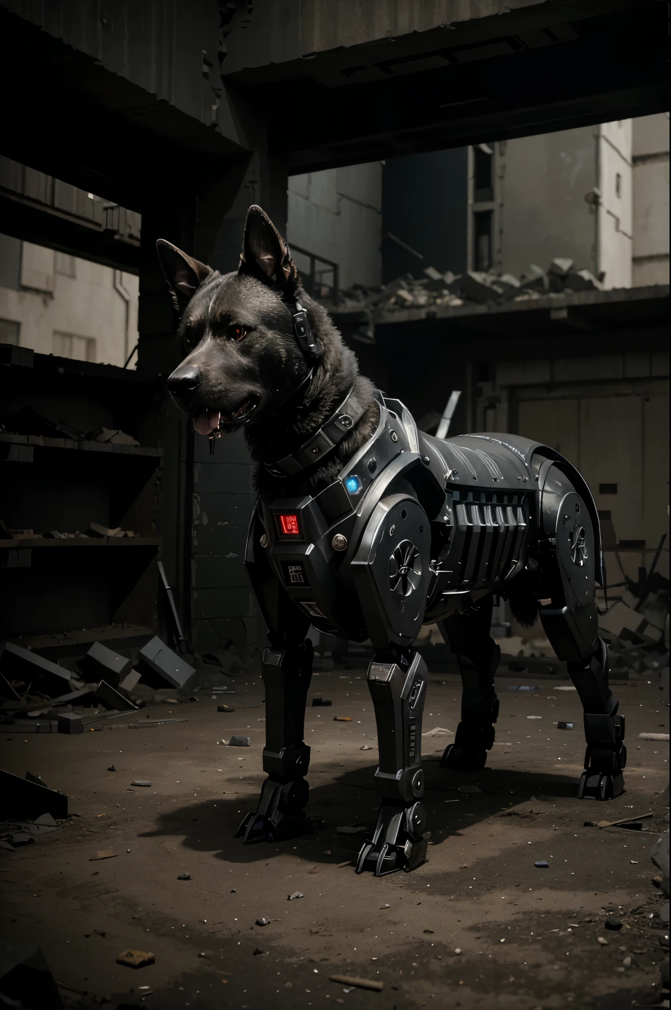 Produce a surrealistic image of a robot war dog that walks on four legs, designed to be an imposing and frightening machine of destruction. The robot dog must be the focal point of the scene, with an intimidating appearance and meticulous detail in its metal frame and exposed circuitry. Your armor should reflect your warlike nature, with sharp and menacing elements incorporated into its design. Add accessories like built-in weapons or missile launchers to emphasize your combat purpose. The setting must be in a war scenario, with debris and ruins all around, evoking a post-apocalyptic environment. Lighting should be dark and gloomy, highlighting the most sinister and dark parts of the robot dog. The image should convey a sense of awe and admiration for advanced military technology, while raising questions about the ethical limits of creating war machines