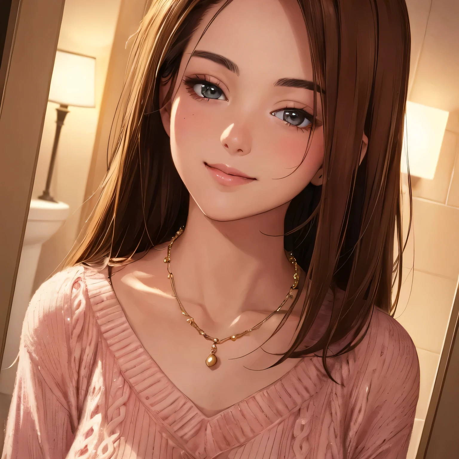 (best quality:1.2, highres, masterpiece:1.2), ultra-detailed, realistic lighting, nighttime scene, portraits, slim beauty, delicate eyes, beautiful face, brown hair, medium breasts, long pink sweater, bathroom setting, fine facial features, smile, necklace