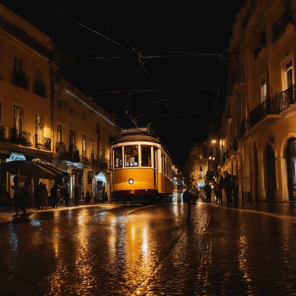 The electric during the night rain，Light up the busy and humid streets of the city of Lisbon。rua de cidade noite chuvosa，As calcadas portuguesas com as chuvas na cidade brilham misteriosamente sob os candeeiros de rua laranja。Trams go down the streets making the city lively at night like the cinema lighting。