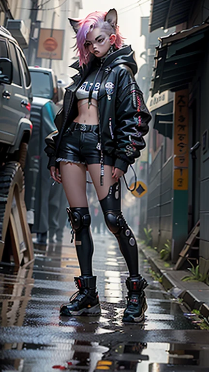 Cyberpunk neko catgirl with cyberpunk prosthetics, orelhas de gato, jaqueta de tecnologia, seios grandes, Cabelo longo, ((Postura ajoelhada)), ruas da cidade cyberpunk, Estilo futurista, Sci-fi, hiper detalhado, fotorrealismo, Hiper Realismo, pintura, 8k, High definition, super resolution , cinematic lighting, Long exposure, 8k, High definition, Super-resolution