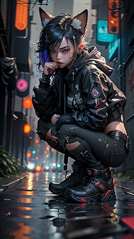 Cyberpunk neko catgirl with cyberpunk prosthetics, orelhas de gato, jaqueta de tecnologia, seios grandes, Cabelo longo, ((Postura ajoelhada)), ruas da cidade cyberpunk, Estilo futurista, Sci-fi, hiper detalhado, fotorrealismo, Hiper Realismo, pintura, 8k, High definition, super resolution , cinematic lighting, Long exposure, 8k, High definition, Super-resolution