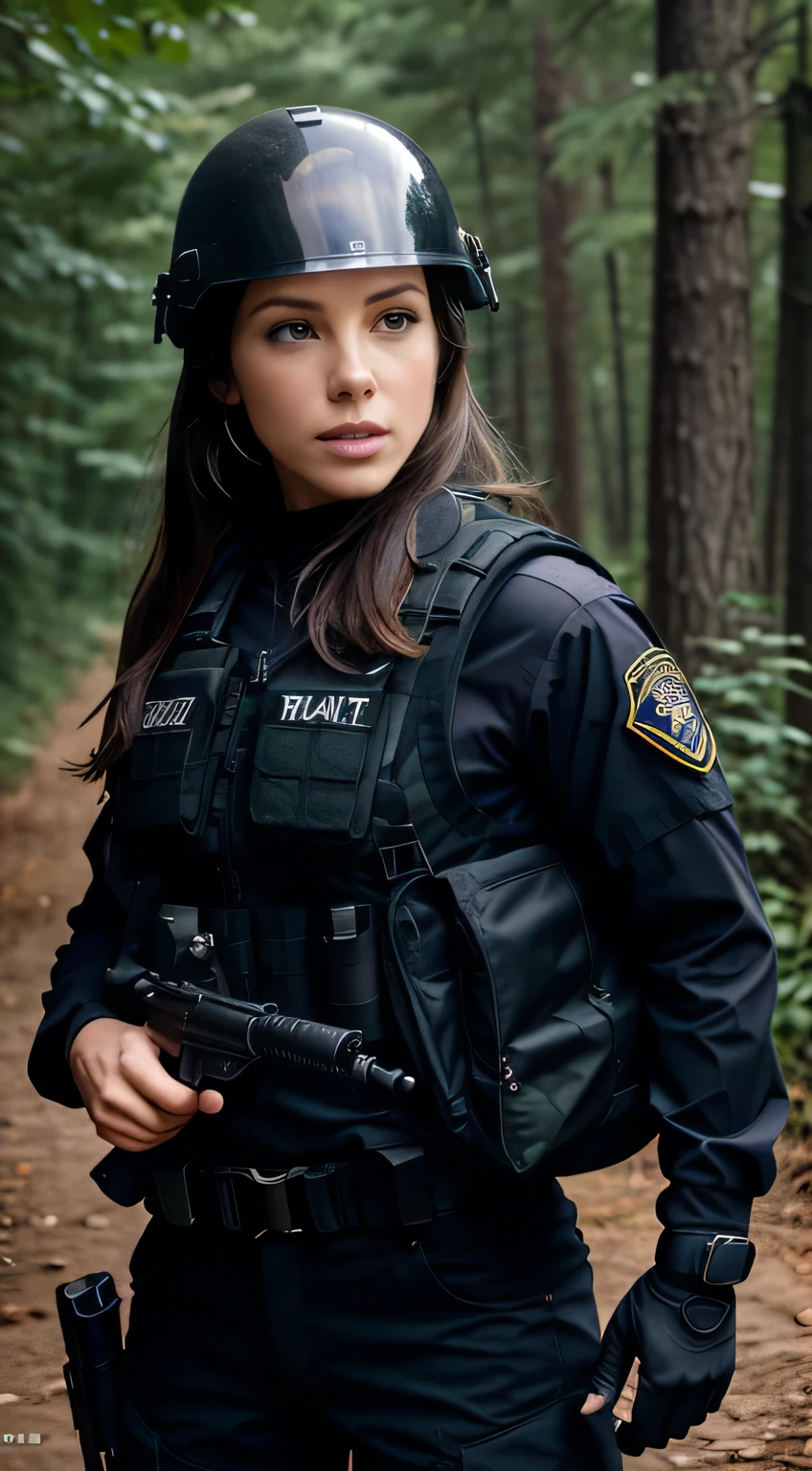 Foto hiperrealista en primer plano de Kate Beckinsale, masterpiece, best quality, (photorealistic:1.4), beautiful woman, skinny, small breasts, straight brown hair, detailed face, smile, photo taken from a distance, age 25 tears old, Special forces uniforms、Black tactical vest、black black Military trousers、Black combat gloves、rucksack、Black black military undershirt、SWAT helmet, Detailed facial and chest depictions、detailed hand depiction、Combat pose、Dynamic action、in woods、White smoke、watching at viewers
