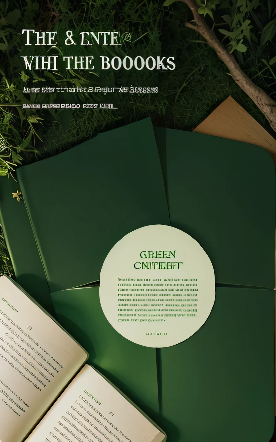 Green poem book cover with trees and books and the center being circular with green text around the circumference that conveys some nostalgia