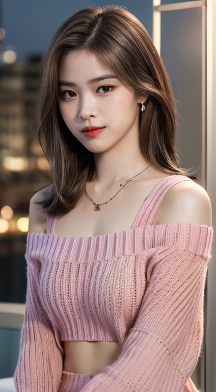 ((night, Realistic Light, highest quality, 8k, masterpiece: 1.3)), One girl, Slim Beauty: 1.4, Abdominal muscles: 1.1, (Brown Hair, Medium chest: 1.3), Pink off-the-shoulder sweater: 1.1, Bathroom, Very beautiful face, Delicate eyes, double eyelid, smile, necklace