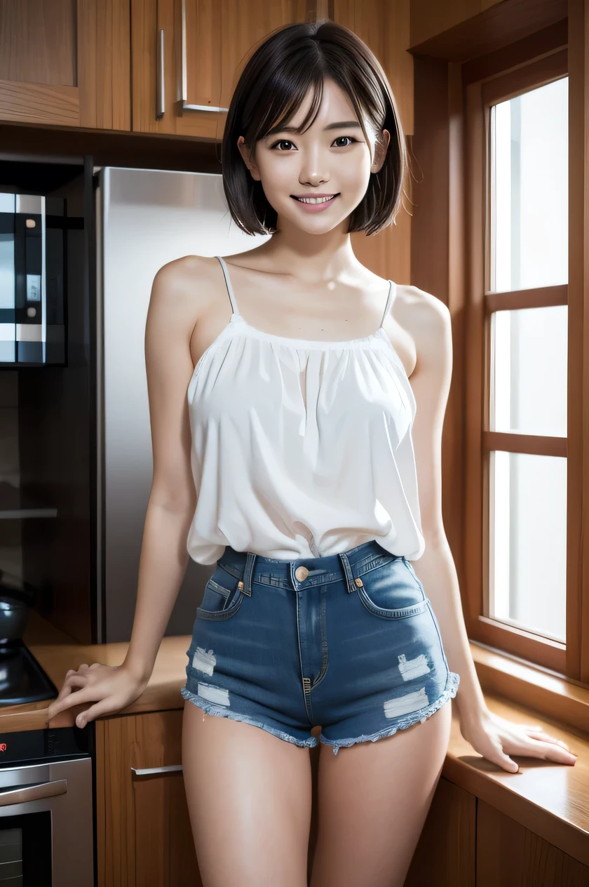 The beauty of 8K raw photos:2.0, Japanese woman, short hair, beautiful face and dark eyes, looking down, looking at the viewer:1.5, big smile, wet hair, tiny top, (denim shorts:1.2), shinny skin, open wide legs, realistic:1.9, very detailed, full body shot:1.2, High resolution RAW color photos, professional photos, Taken at the kitchen, girl sexy portrait