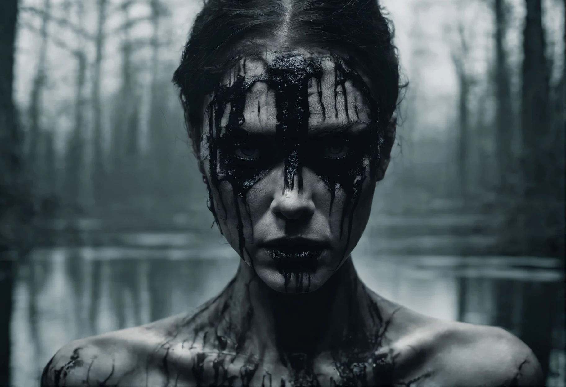 Half body shot of a pale white skin woman with black metal make-up, sickly, standing in a putrid pool in a dark forest, forest at night, horror movie, half body in water, she's in a lake of putrid water in a creepy forest, ultra detailed, photorealistic, masterpiece.