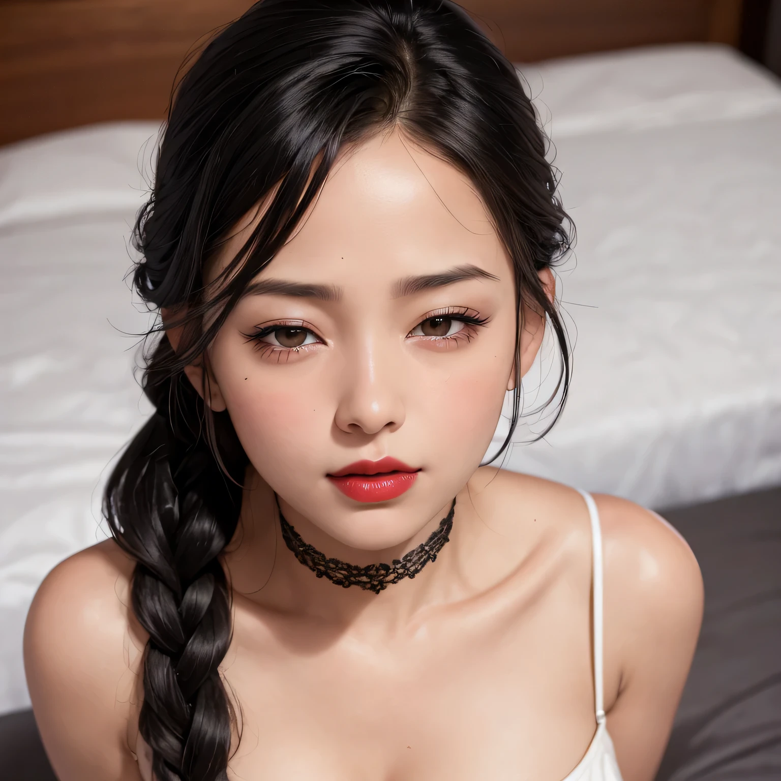 (best quality,ultra-detailed,realistic:1.37),portrait,sexy MILF neighbor,black hair tied in braid, seductive gaze,red lips parted in a blush,intense emotion,long neck, bare shoulders,medium chest with cleavage,sexually aroused expression on a bed in a bedroom