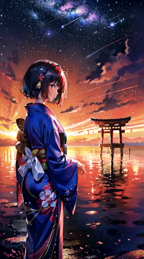 1girl, distant girl wearing a kimono staring at the stars, (zoomed out:1.1), (meteor shower:1.2), (comet:1.1), your name, low angle, from behind, aroura borealis, shooting star, yukata, red kimono, cherry blossoms, standing in a field,best quality, masterpiece,  cloud,colorful, starry,stars,