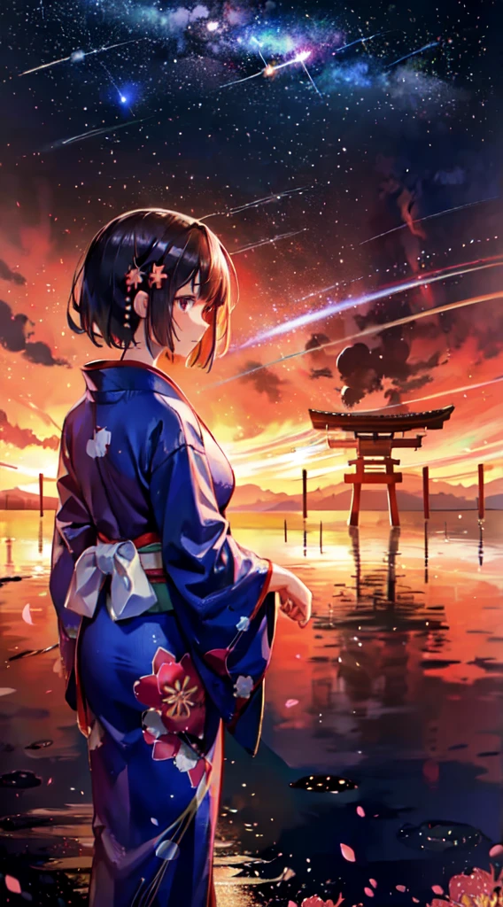 1girl, distant girl wearing a kimono staring at the stars, (zoomed out:1.1), (meteor shower:1.2), (comet:1.1), your name, low angle, from behind, aroura borealis, shooting star, yukata, red kimono, cherry blossoms, standing in a field,best quality, masterpiece,  cloud,colorful, starry,stars,