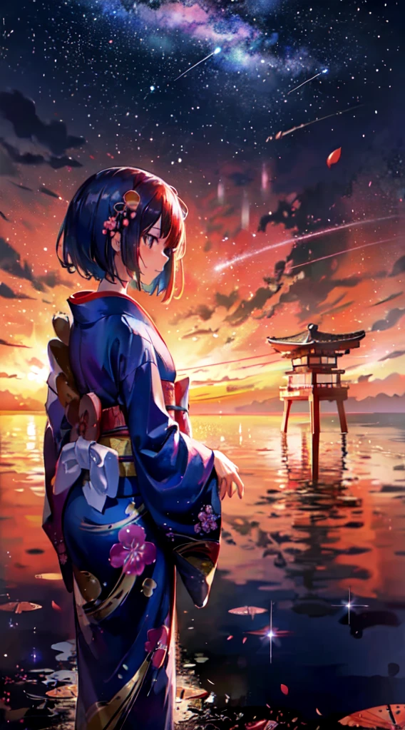 1girl, distant girl wearing a kimono staring at the stars, (zoomed out:1.1), (meteor shower:1.2), (comet:1.1), your name, low angle, from behind, aroura borealis, shooting star, yukata, red kimono, cherry blossoms, standing in a field,best quality, masterpiece, cloud,colorful, starry,stars,