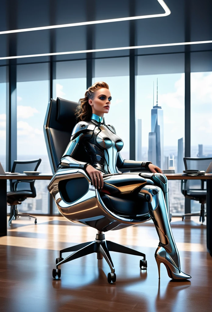 (high quality, ultra detailed, photorealistic)(office interior, skyscraper:1.2,big city) A cyborg woman sits leisurely in a luxurious chair., With legs up, interaction with the futuristic environment around her. She exudes elegance and sophistication. The chair features a sophisticated design and intricate details, demonstrating fine craftsmanship.. Cyborg body is half human, half car., with carefully detailed finish, highlighting her slender form.. The office is beautifully designed and has stylish modern architecture.. The scene is flooded with HDR lighting with bright and saturated colors., creating captivating visual appeal. The cyborg's body is drawn with hyper-realistic detail., including natural skin textures and soft lighting to enhance the atmosphere. This work of art reflects the fusion of technology., Beauty, and complexity, the result is a masterpiece, immersing the viewer in a futuristic, but a familiar world..
