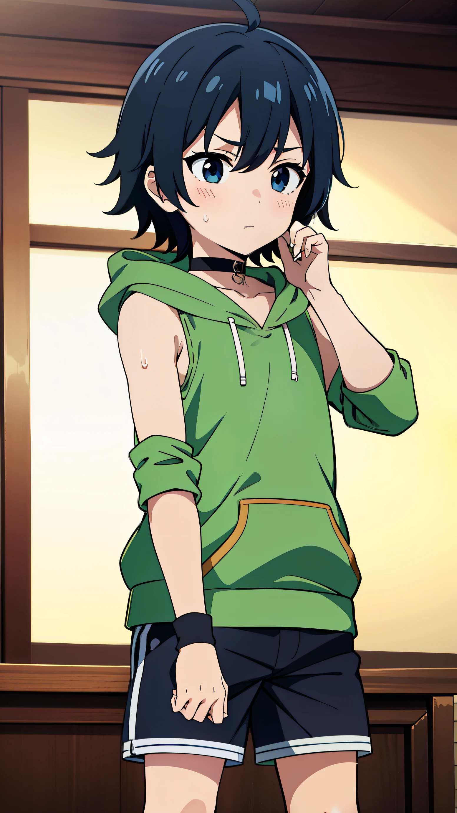 Highres, Masterpiece, Best quality at best,Best Quality,hight quality, hight detailed, 1boy, Boy, Solo, Fluffy hair, Side bangs, Shota, Sleeveless hoodie, Choker, Glove, Sleeve cover, Collarbone, Depth of field, Anime screencap style, thin line, knee up image, Shorts, Seen from the front, Little sweat, Kpop, Cute boy, (very small and short stature), (very young boy), s, Blurry and simple beckground, bokeh, Uhd