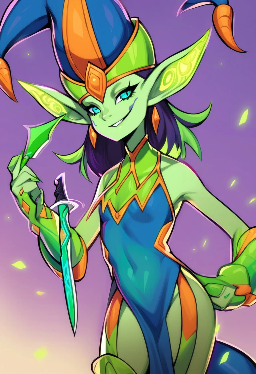 An imp woman with slightly ethereal skin, white with blue details, a face that resembles an electric smile, almost as if it were drawn, wearing a jester's hat in the shape of very large horns. She is holding a neon green talon knife with one finger.