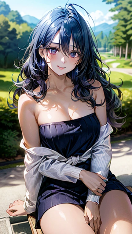 (masterpiece:1.3, top-quality, ultra high res, ultra detailed), (realistic, photorealistic:1.4), beautiful illustration, perfect lighting, natural lighting, colorful, depth of fields, ,
beautiful detailed hair, beautiful detailed face, beautiful detailed eyes, beautiful clavicle, beautiful body, beautiful chest, beautiful thigh, beautiful legs, beautiful fingers, beautiful hands, beautiful arms, perfect arms
looking at viewer, 1 girl, japanese, high school girl, (perfect anatomy, anatomically correct), cute and symmetrical face, babyface, perfect face, perfect eyes, shiny skin, slender, 
(long hair:1.7, wavy hair:0.8, blue hair), antenna hair, hair between eyes, emerald black eyes, long eye lasher, (large breasts:0.8, seductive thighs), black dress, sitting with open legs, showing red panties, 
((long sleeve light purple knit dress, black tube top)), 
(beautiful scenery), summer, evening, (school), (lovely smile, upper eyes), hot, seductive