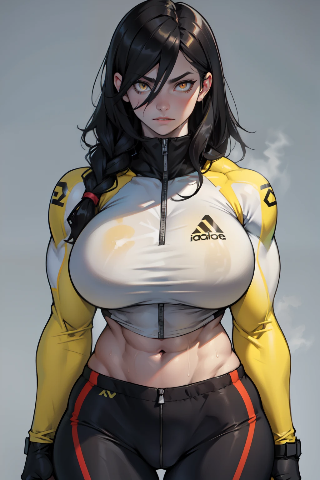 girl (1girl muscular grey background pale skin bodybuilder huge breasts toned body thin waist) black hair yellow eyes straight hair sweaty hair between eyes skintight