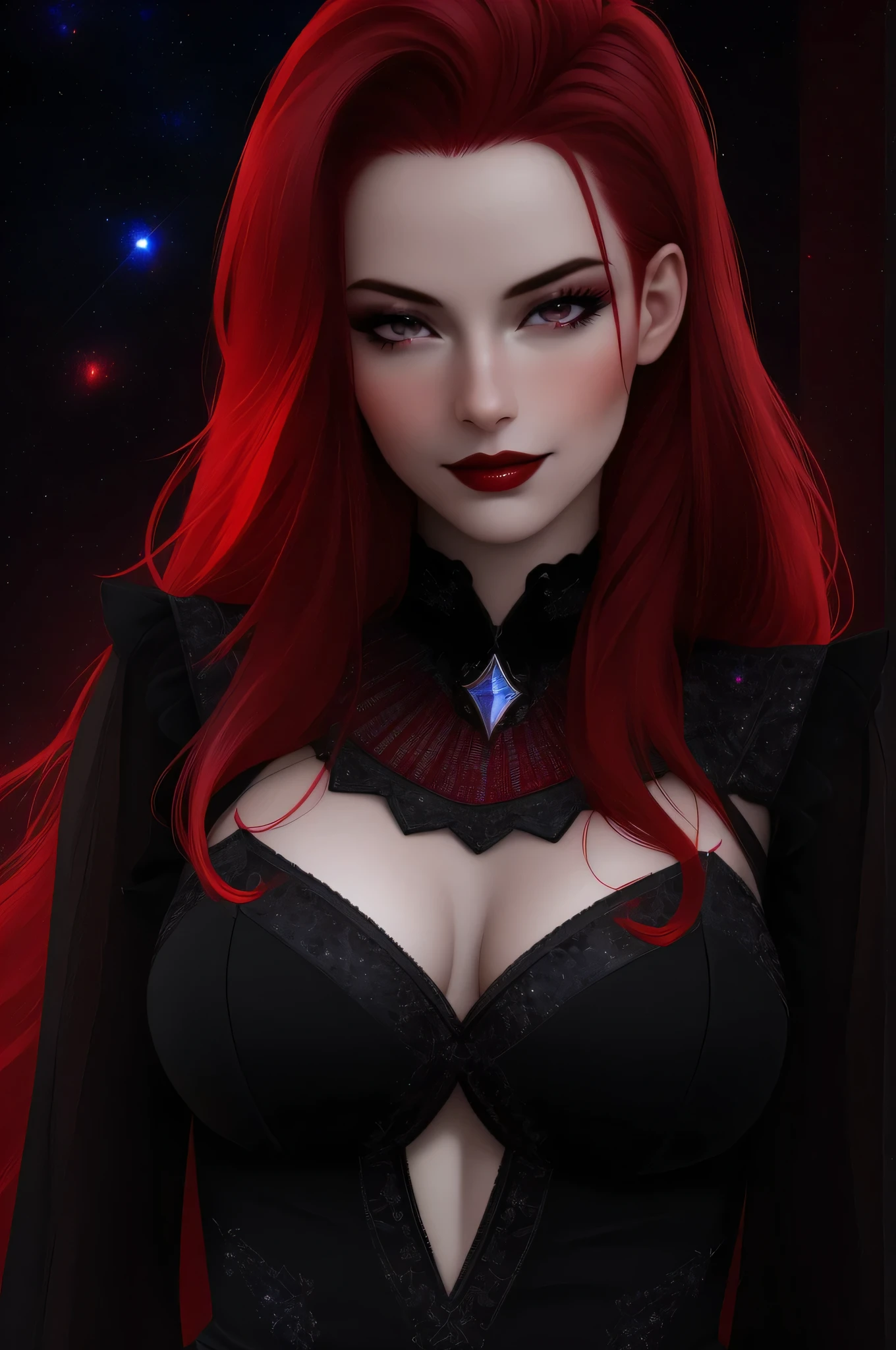 (Masterpiece - Ultra-Detailed, High Resolution) ((vivid red hair)), mature woman, 30 years old, diamond face, red starry sky background, depth of field, magic, big red lips, ((dark and black eyes)) black and red long and full dress, covered chest, mystical atmosphere, ominous shadows, Intense blue aura, Intense red aura (best quality:1.2), absurdres, intricate details, (highly detailed skin:1.2), smile expression, posing, taut and well defined body, attractive. Highly realistic, pale skin, beautiful, hyperrealism, skin very elaborated, direct gaze