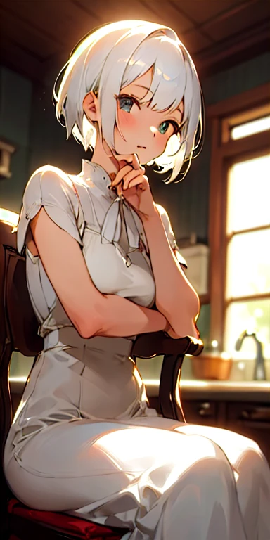 (masterpiece, best quality),1girl with short white hair sitting on a chair, kitchen, her hand under her chin, warm lighting, white dress, blurry foreground