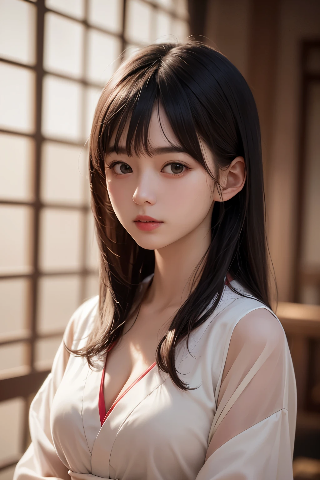 (1 nogizaka girl,raw photo,photo realistic:1.5),(best quality, high quality,HDR, highest quality,ultra high resolution,high resolution,high res,ultra high difinition,huge file size,8K,2K wallpaper,8K wallpaper,high quality texture,amazing,an extremely delicate:1.4),one girl, Japanese famous idol,beautiful face,small face,absurd,ridiculous,incredibly ridiculous,portrait,breasts close up,blurry background,(miko clothes,cleavage,no makeup:1.2),medium skin,beautiful skin,detailed skin,small head,black hair,silky hair,(Japanese eyes,round eyes:1.5),detailed eyes,black eyes,Japanese idol eyes,perfectly propotioned face,Japanese nose,5-fingers,(Light Particles, Lens Flare, Luminous Particles: 0.7),looking at viewer,bright lighting,professional lighting,girl