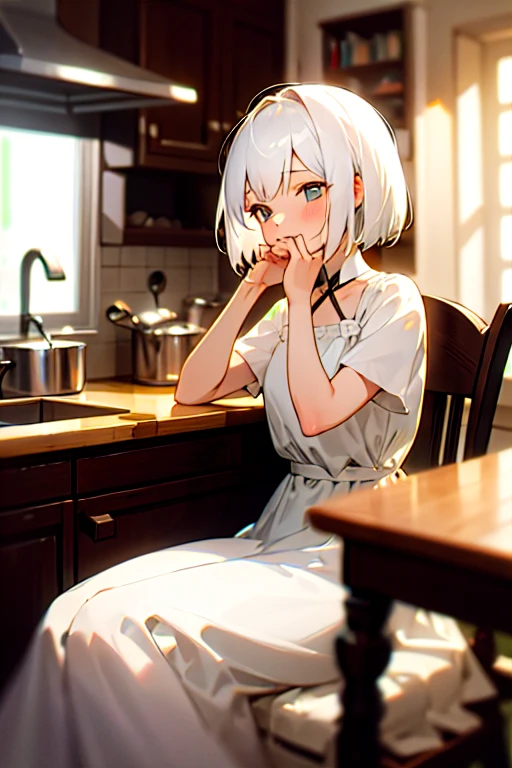 (masterpiece, best quality),1girl with short white hair sitting on a chair, kitchen, her hand under her chin, warm lighting, white dress, blurry foreground