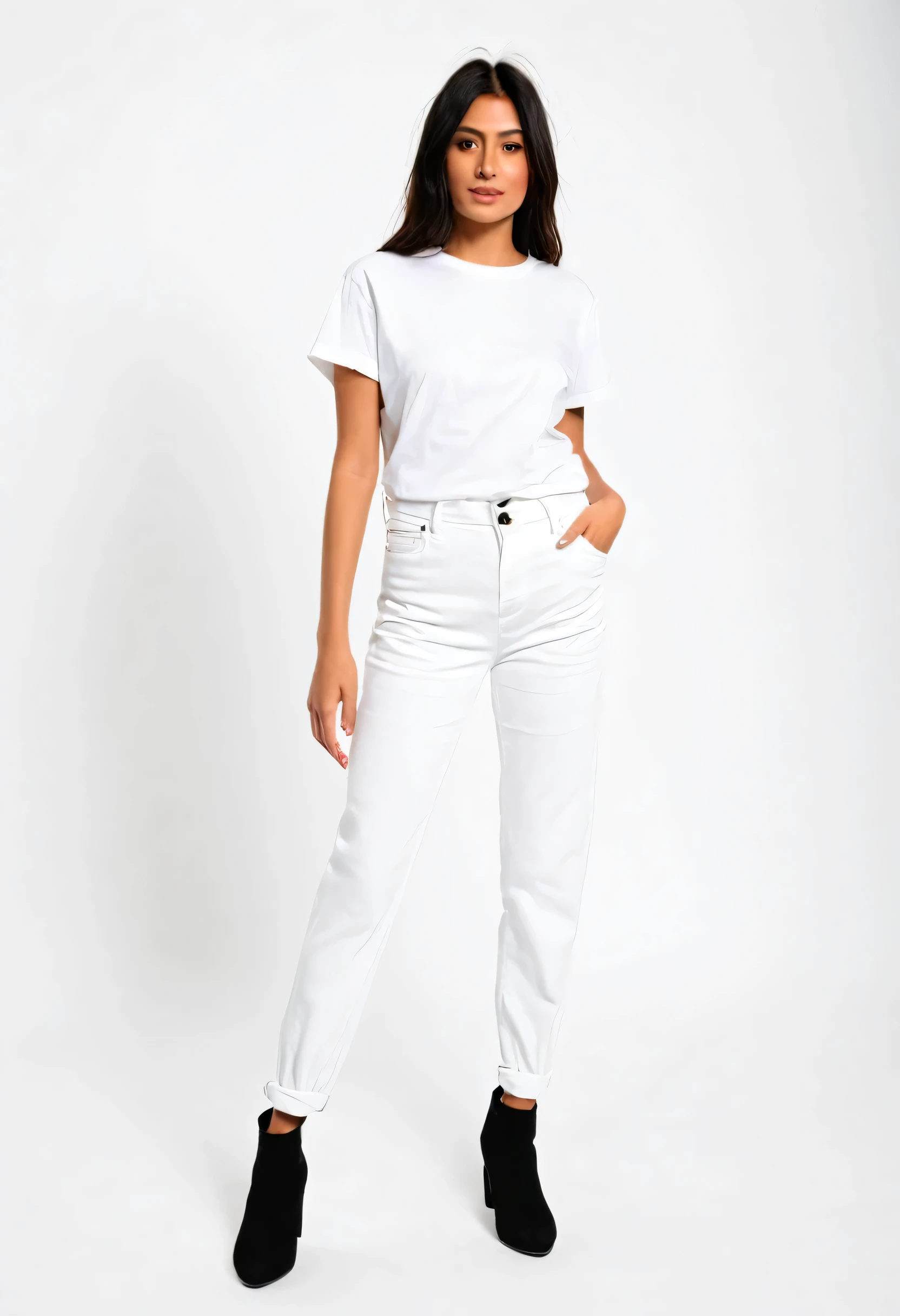 a woman in white shirt and black pants standing on a white background, black pants, black jeans pants, baggy black pants, black pants, Loose pants, big pants, black pants, wearing pants and a t-shirt, denim trousers, roupas casuais modernas, jeans largos, roupas modernas casuais, high-waisted pants, black sweatpants, wearing pants