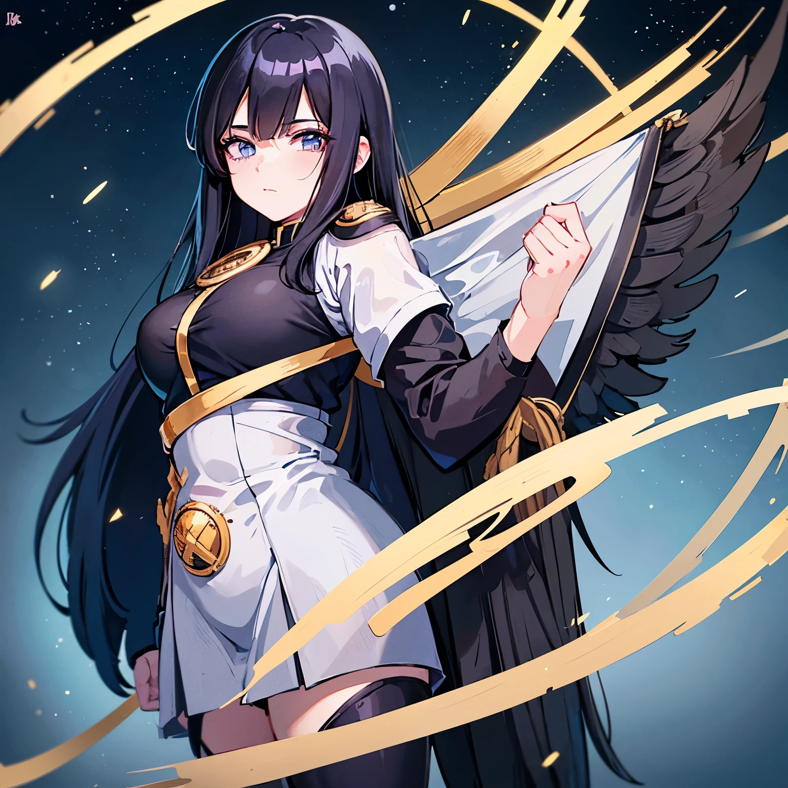 comic panel anime: boku no hero, woman with long, straight black hair with the bangs and white highlights(she has poliosis) , one blue eye and one gold eye, mature woman. she is wearing hero uniform. Boku no Hero Art.
