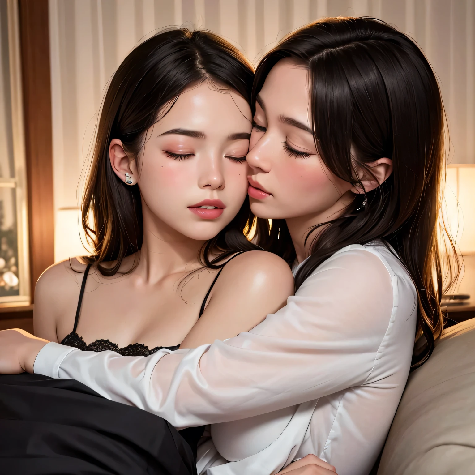 (best quality, highres, portrait), passionate, young boy kissing woman, lips touching, hugging tight, blushing intensely, eyes closed, bed, night time, candles lit