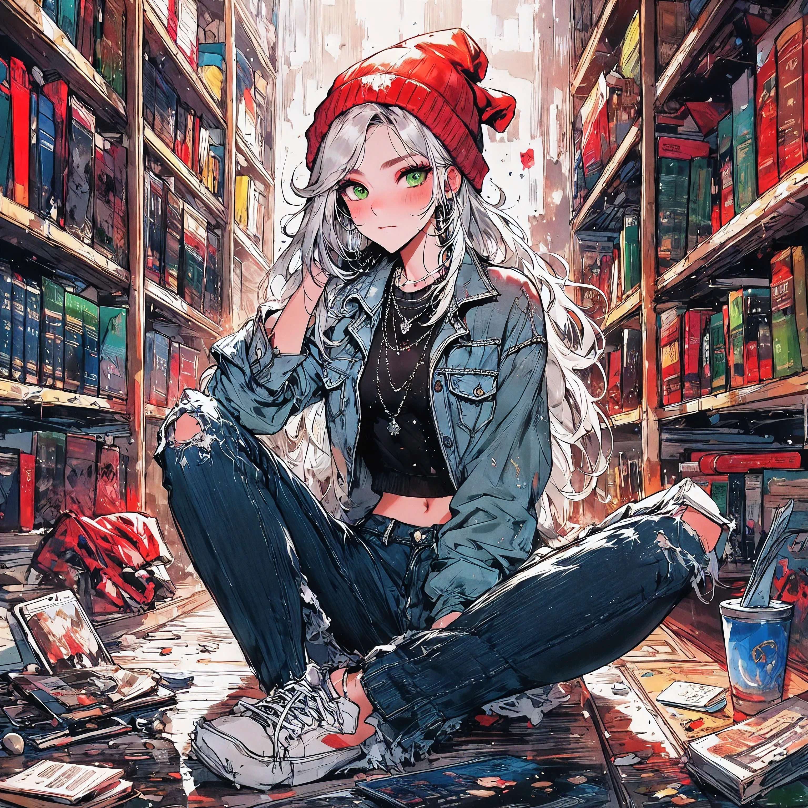 (top quality,8k wallpaper),(masterpiece,best quality:1.2),(high_resolution:1.2),(ultra details:1.2),1girl, mature woman, (small breasts:1.12), solo, long hair, platinum blonde hair, gray white hair, green eyes, ripped jeans, blue checkered shirt, beanie, necklace, library, skateboard, sitting