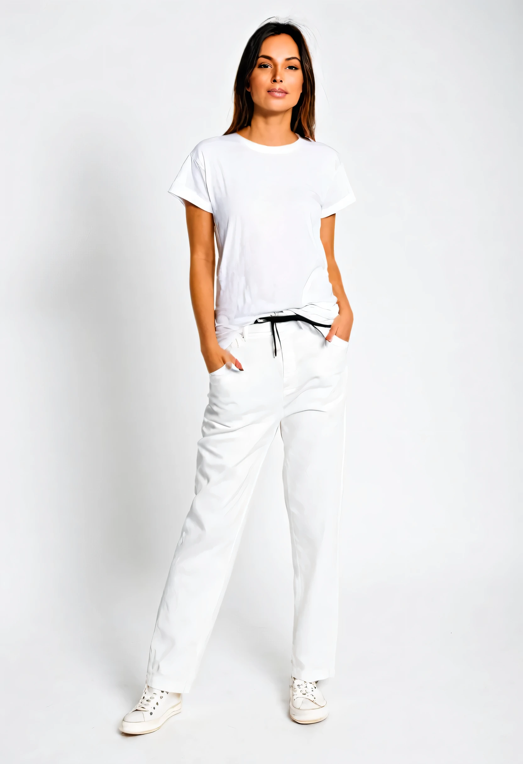 a woman in white shirt and black pants standing on a white background, black pants, black jeans pants, baggy black pants, black pants, Loose pants, big pants, black pants, wearing pants and a t-shirt, denim trousers, roupas casuais modernas, jeans largos, roupas modernas casuais, high-waisted pants, black sweatpants, wearing pants