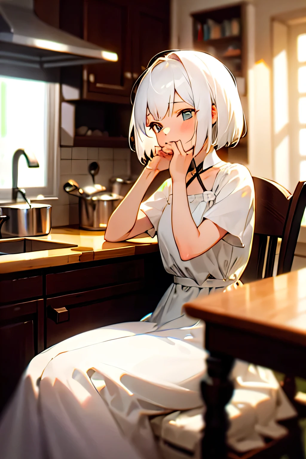 (masterpiece, best quality),1girl with short white hair sitting on a chair, kitchen, her hand under her chin, warm lighting, white dress, blurry foreground