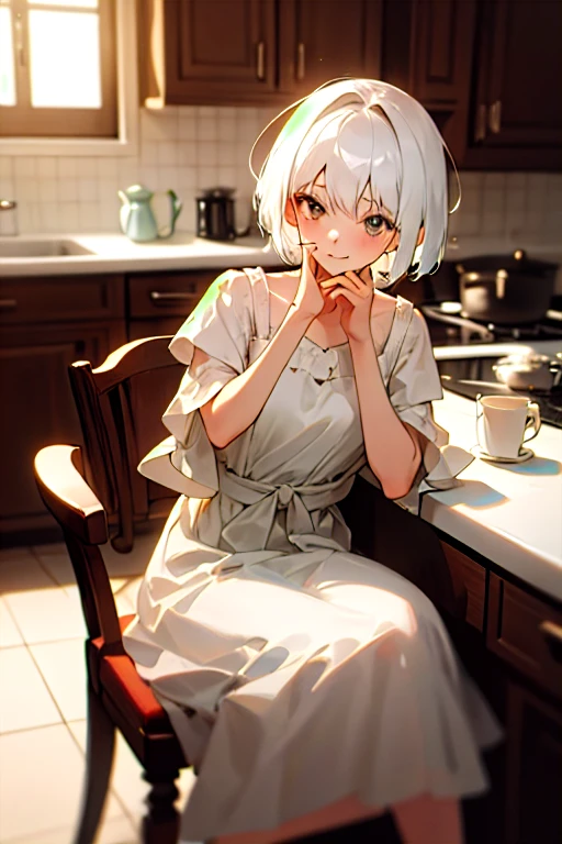 (masterpiece, best quality),1girl with short white hair sitting on a chair, kitchen, her hand under her chin, warm lighting, white dress, blurry foreground