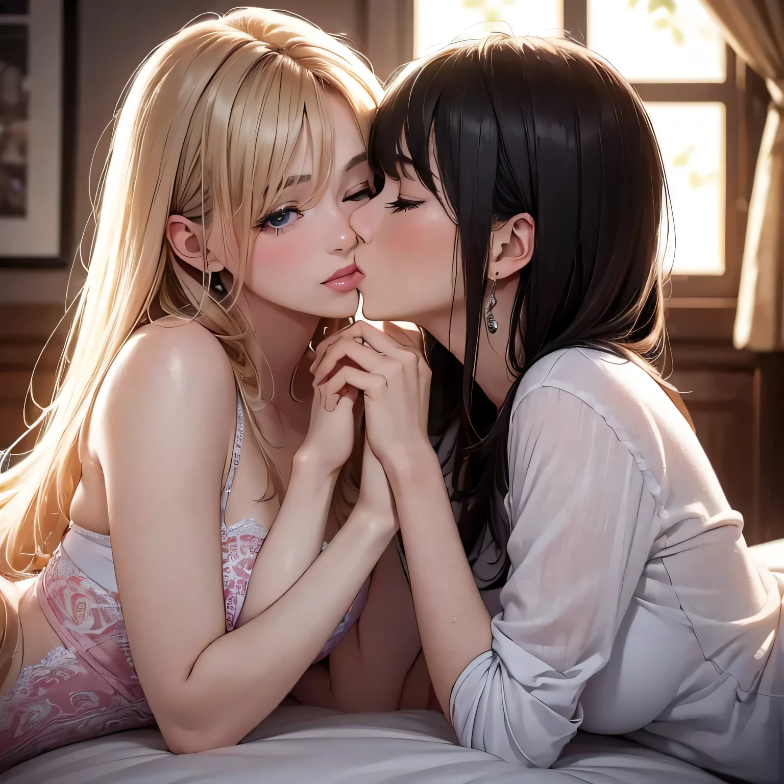 (best quality,4k,8k,highres,masterpiece:1.2),ultra-detailed,(realistic,photorealistic,photo-realistic:1.37), HDR, UHD, studio lighting, extreme detail description, professional, portraits, vivid colors, bokeh, lesbian couple, romance, women, kiss, mouth to mouth, attractive, holy shot, making out, wonderful scene, movie, lovely kiss, room together, cute, showcasing.
Notice:The prompt here starts with"woman"and"Woman kissing"For the theme,Matches the given topic description,Added detailed description。