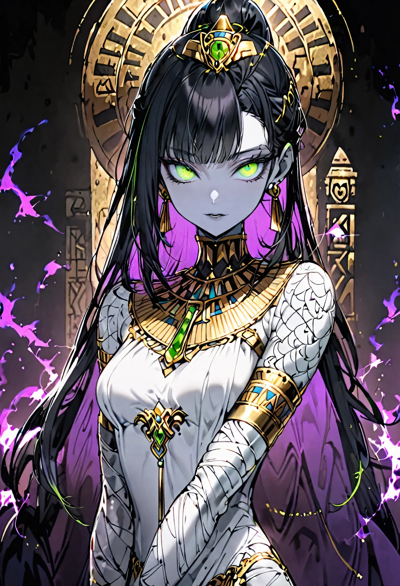 solo, female, sfw, long straight black hair, glowing green eyes, white skin, pale skin:1.4, very tall, fit, elegant, luxurious, egyptian, middle eastern, gold, silver, jewelry, up-do, bandaged torso, bandaged arms, dark aura:0.4