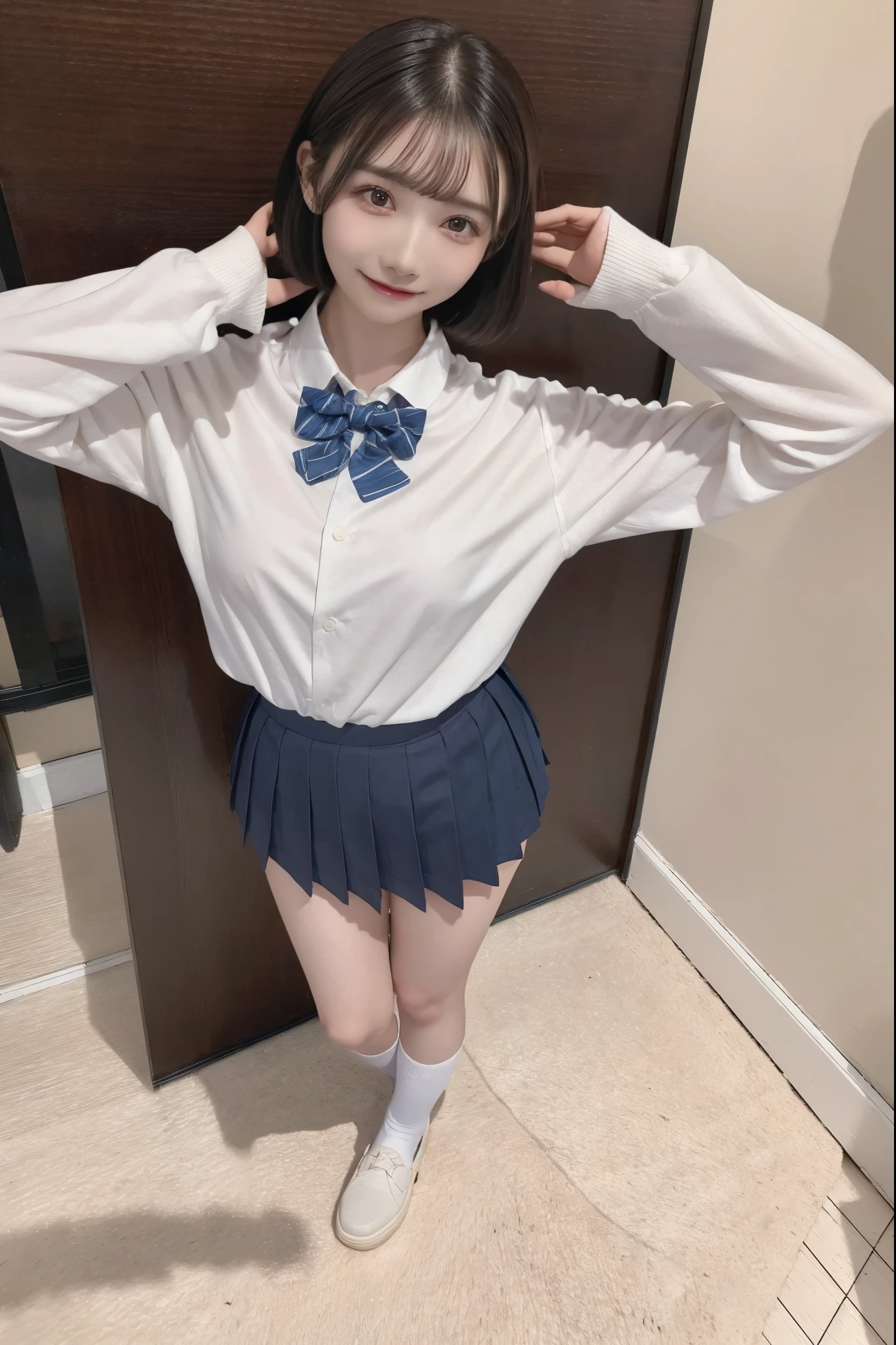8k, (highest quality: 1.2), (Realistic),smile、Short Bob、(Full body portrait:1.2)、、She looks 20 years old、20-year-old、、girl、masterpiece、highest quality、Ultra-high resolution、Highly detailed photos、Inside the room 、Platform loafers、Inside the room,Large Breasts,,bob-hair,、,Realistic1.87,,bob-hair,side-angle,standing 、standing 、bob-hair、standing,bob-hair、Nipples、school-uniform,bob-hair,Small face、透けたNipples、shot-from-below