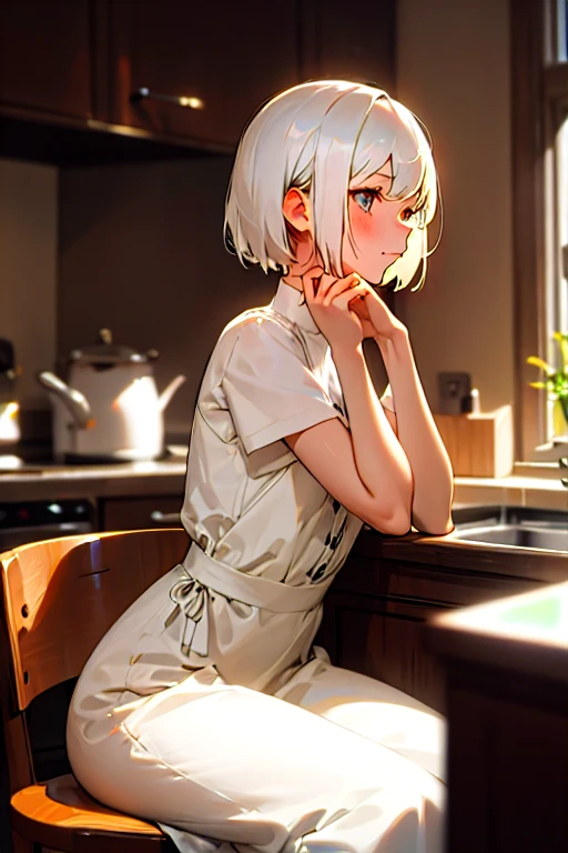 1girl with short white hair sitting on a chair, kitchen, her hand under her chin, warm lighting, white dress, blurry foreground
