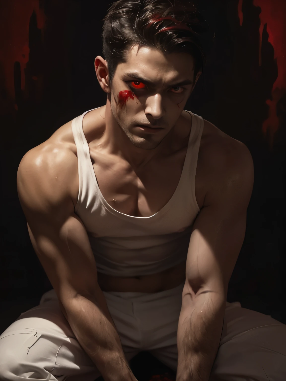 portrait, HANDSOME MEN,white tank top,Sit,Bruised wound,muscular,cigarett, malcolm liepke painting on sensual illustration of an elegant samurai, riot games concept art beauty, eerie, the model draped in flowing, thick oil painting, extremely soft colors, vibrant, highly detailed, , oil on linen, high contrast, dramatic, refined, tonal, a close up of a man with a bloody face and red eyes, with glowing red eyes, with red glowing eyes, red glowing eyes, portrait demon half human, red eyes glowing, glowing red eyes, cyborg zombie, scary look, portrait of a zombie, with red eyes, zombie with white eyes, evil zombie, red - eyed, red-eyed