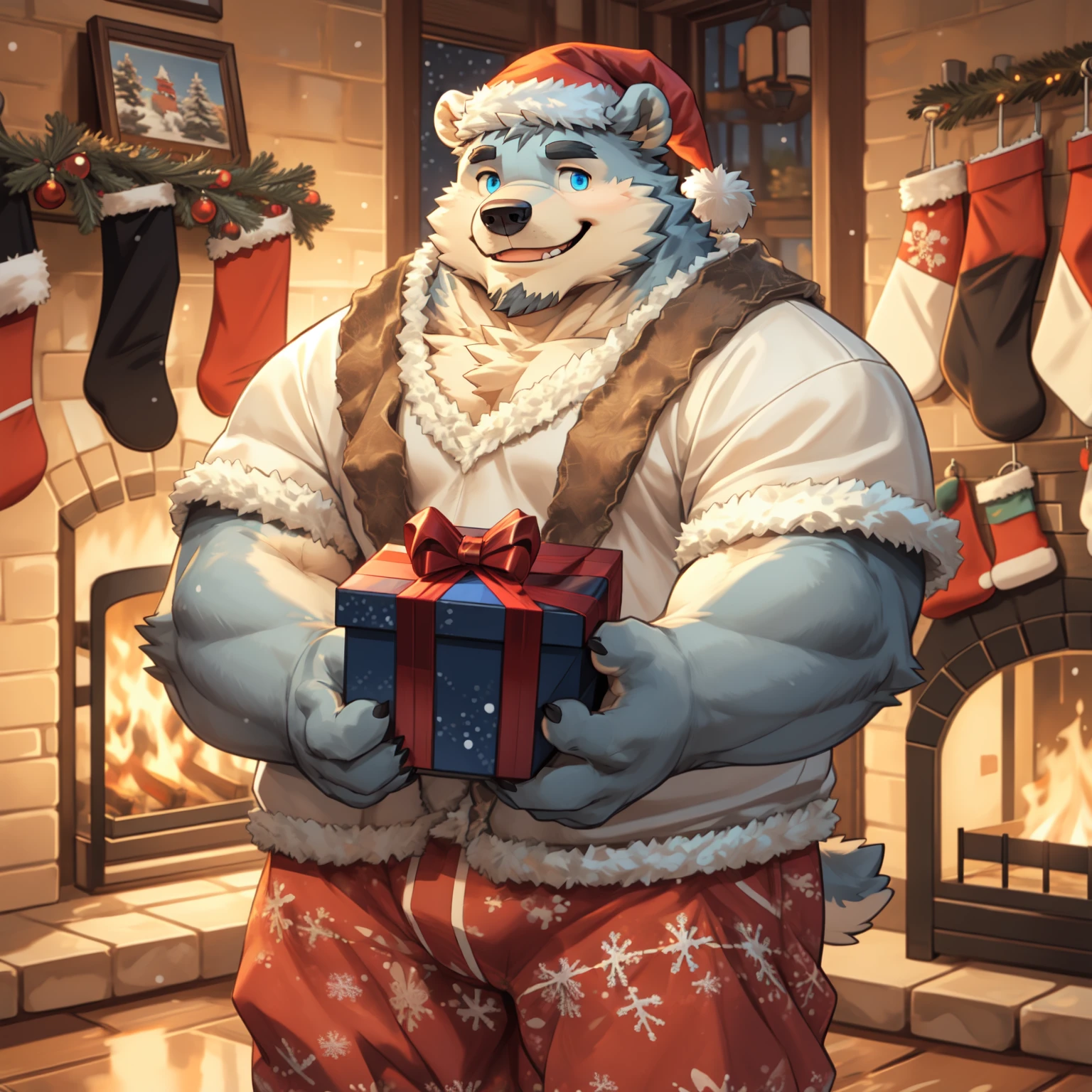 New Jersey 5 Furry，polar bear，portrait，standing solo，Exquisite， Chubby，Fat，Thick arms，Rugged muscles，White plush fur，Chubby脸，Black eyebrows，Sky blue eyes，Beard，fireplace，indoor，Christmas tree，Christmas hat，Christmas costume，Christmas pants，Carrying a gift bag，Smile，（White fur：1.5）