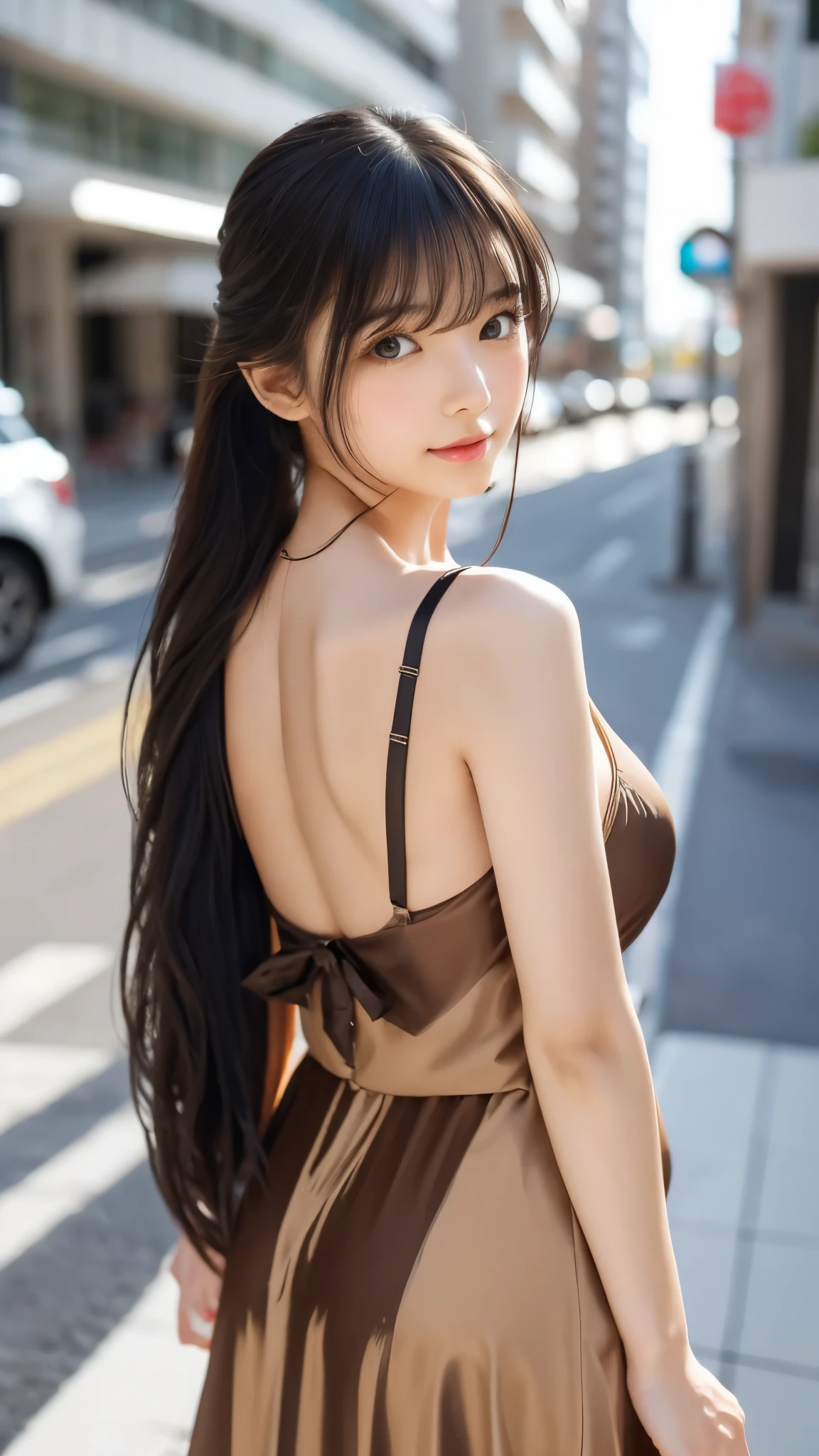 Shining, clear, white skin、Her windblown black hair hides her beautiful face.、huge、Sexy beautiful face of 28 years old、A beautiful and eye-catching ponytail、growing up, glowing light brown eyes、Sexy long silky bangs covering the eyes, Sexy young woman with super long hair hiding her sexy face、Shiny black hair、(((Sexy Woman)))、The cleavage is visible,Red sexy dress