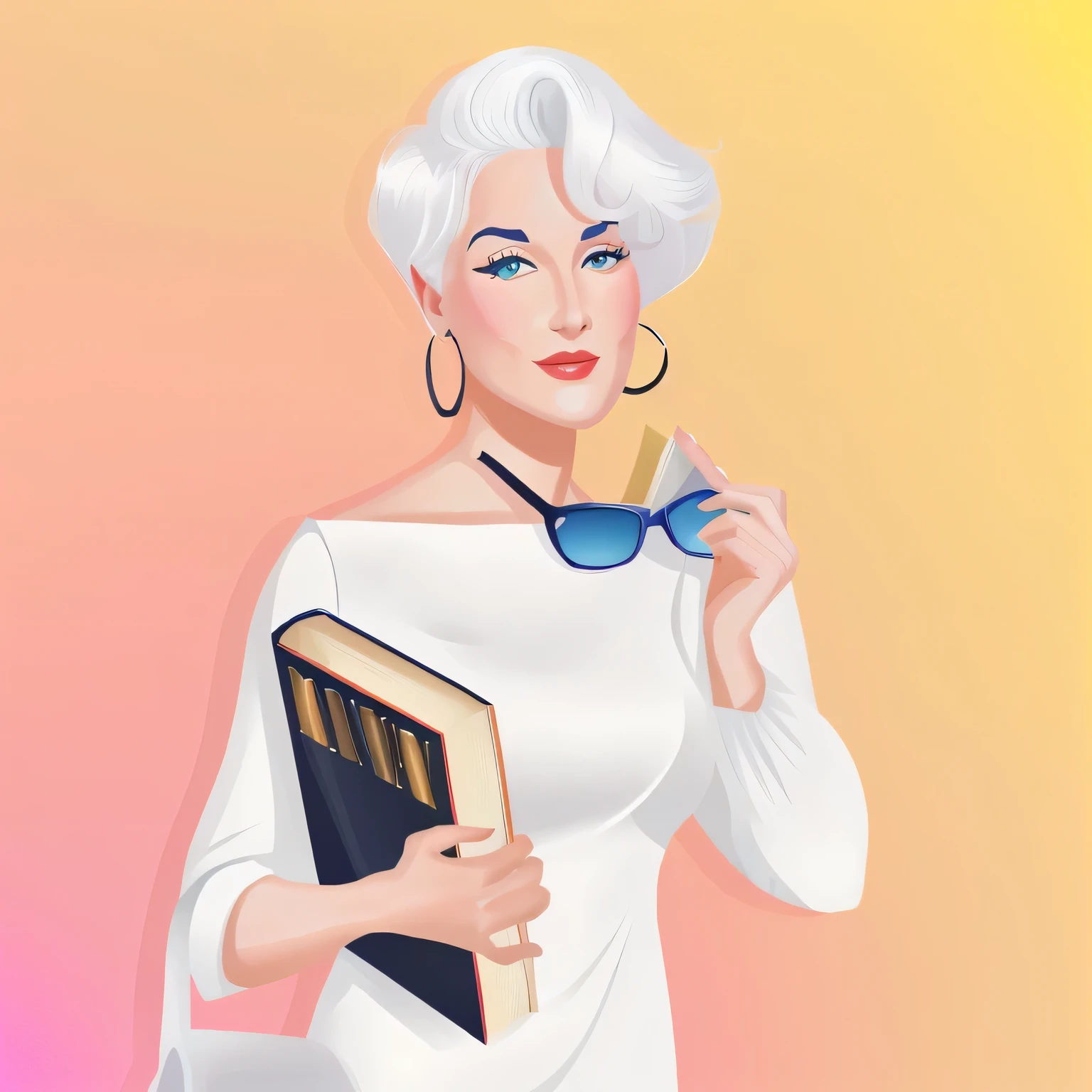 a cartoon of a woman with a book and sunglasses, white haired lady, by Pamela Drew, inspired by Marilyn Bendell, by Hugh Hughes, inspired by Joanna Carrington, by Olivia de Berardinis, in style of digital illustration, by Jeka Kemp, vector style drawing, full color illustration, with short bobbed white hair, by Silvia Dimitrova, EYES WITHOUT DEFORMATION, olhos perfeitos