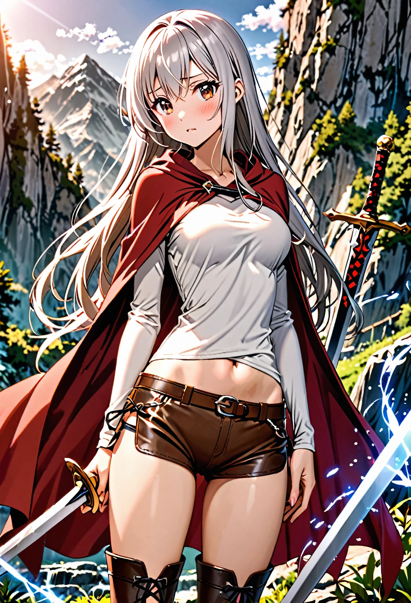 1 female,The perfect 25 years old,((ideal ratio body proportions:1.5,small head:1.7)),(tan skin),((high quality anime, 8k,masterpiece,Perfect Anatomy)),(beautiful detailed face and eyes,gorgeous eye:1.3,Almond Eyes),  BREAK   ,brown eyes,  BREAK  ,female knight、(silver hair),Straight long hair,bangs,shy,blush,  BREAK   ,cowboy shot,medium breasts,slender body,skinny, BREAK  ,Red cloak、A simple ecru T-shirt、Long sleeve、navel, Brown leather micro shorts、Brown leather long boots、Sword、　BREAK   ,A world of swords and magic、Mountain trail、sunlight、